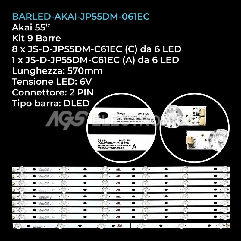 kit 9 barre LED retroilluminazione per Nordmende 55 pollici modello ND55K4000MSMART