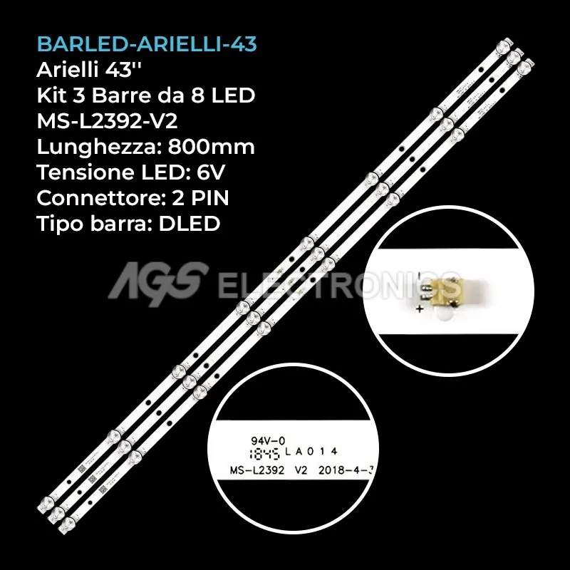 kit 3 barre LED retroilluminazione per Arielli 43 pollici modello LED4328T2