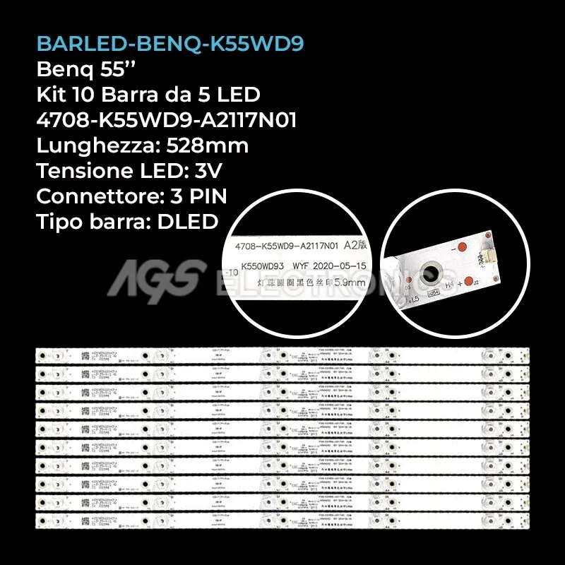 kit 10 barre LED retroilluminazione per Benq 55 pollici modello K550WD93