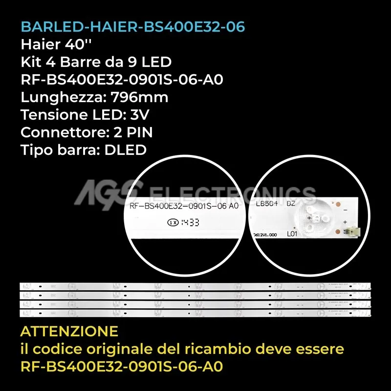 kit 4 barre LED retroilluminazione per United 40 pollici modello LED40T26