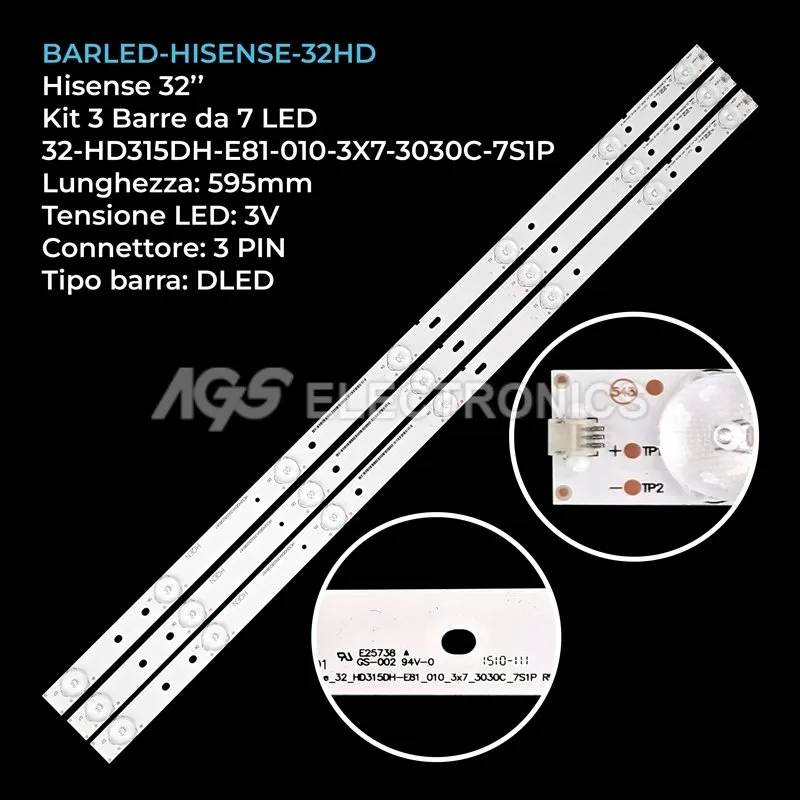 kit 3 barre LED retroilluminazione per Hisense 32 pollici modello LED32K188