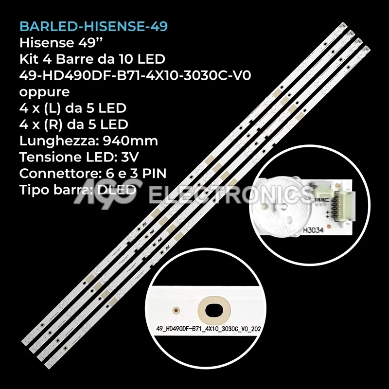 kit 4 barre LED retroilluminazione per Hisense 49 pollici modello LED49EC350A