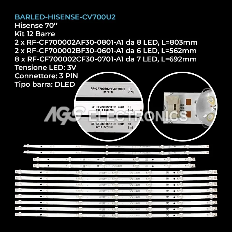 kit 12 barre LED retroilluminazione per Hisense 70 pollici modello 70UA9630