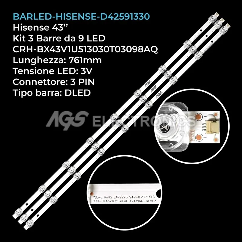 kit 3 barre LED retroilluminazione per Hisense 43 pollici modello R43B7120UK