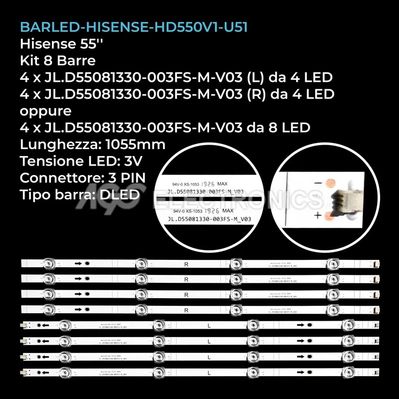 kit 8 barre LED retroilluminazione per Hisense 55 pollici modello H55V1A