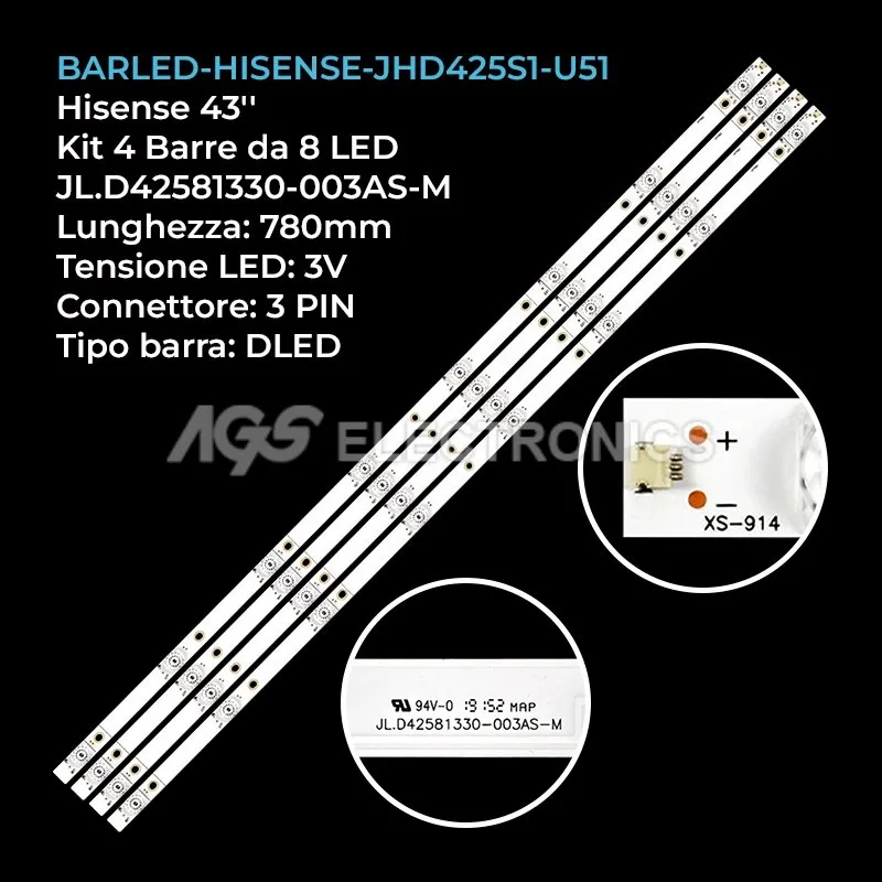 kit 4 barre LED retroilluminazione per Hisense 43 pollici modello HZ43H50Y