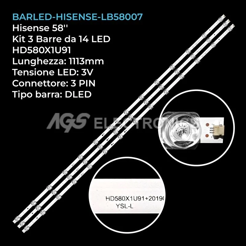 kit 3 barre LED retroilluminazione per Hisense 58 pollici modello HD580X1U91L1