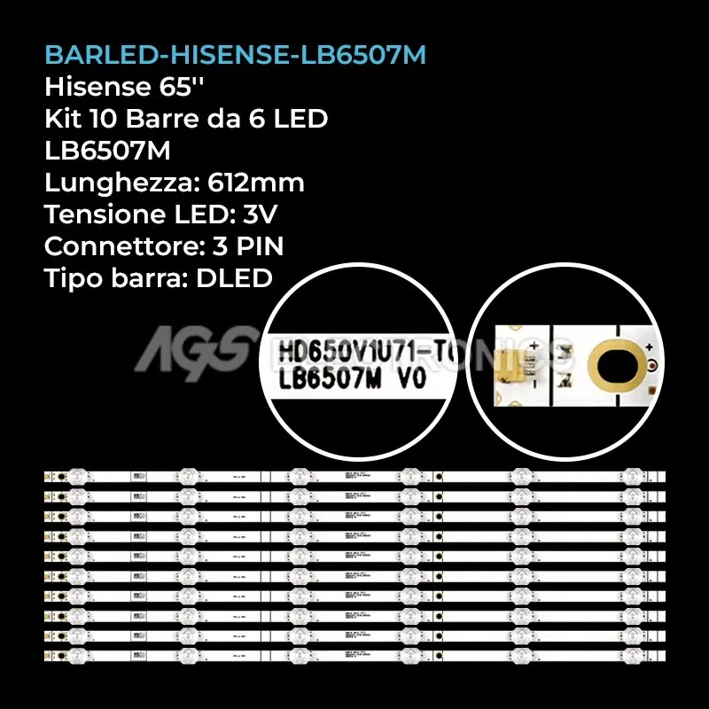 kit 10 barre LED retroilluminazione per Hisense 65 pollici modello 65H6510G