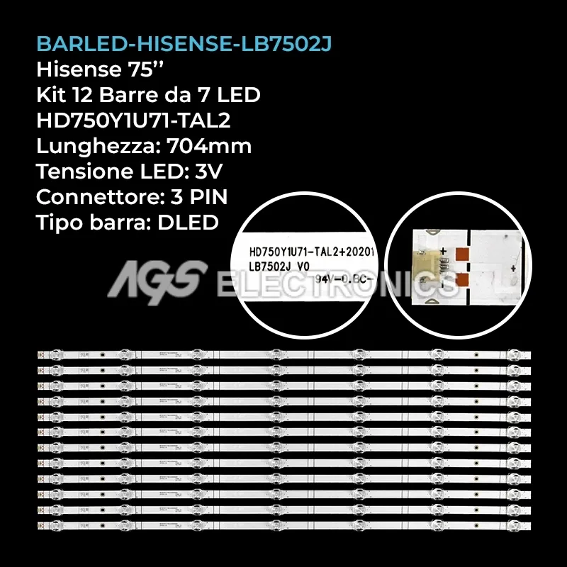 kit 12 barre LED retroilluminazione per Hisense 75 pollici modello 75A65K