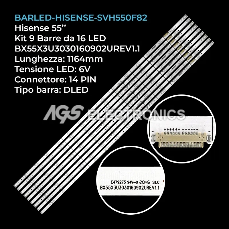 kit 9 barre LED retroilluminazione per Hisense 55 pollici modello 55A6800FUW