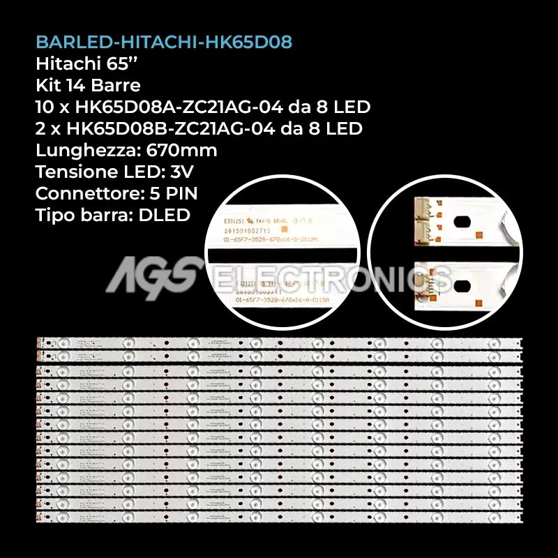 kit 14 barre LED retroilluminazione per Hitachi 65 pollici modello RTU6549B