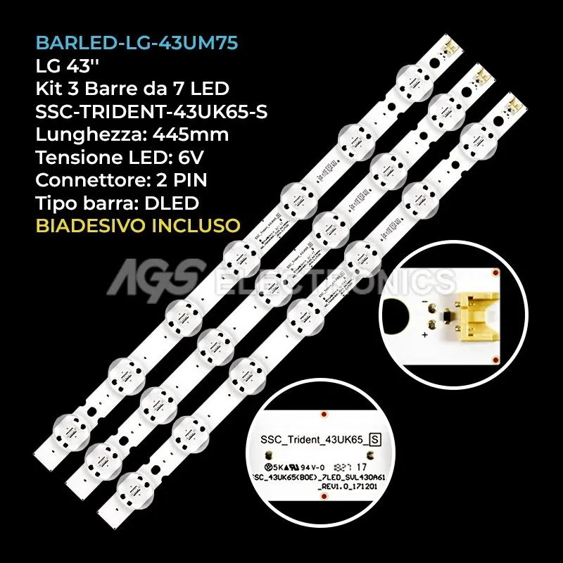 kit 3 barre LED retroilluminazione per LG 43 pollici modello 43UK6950PLB