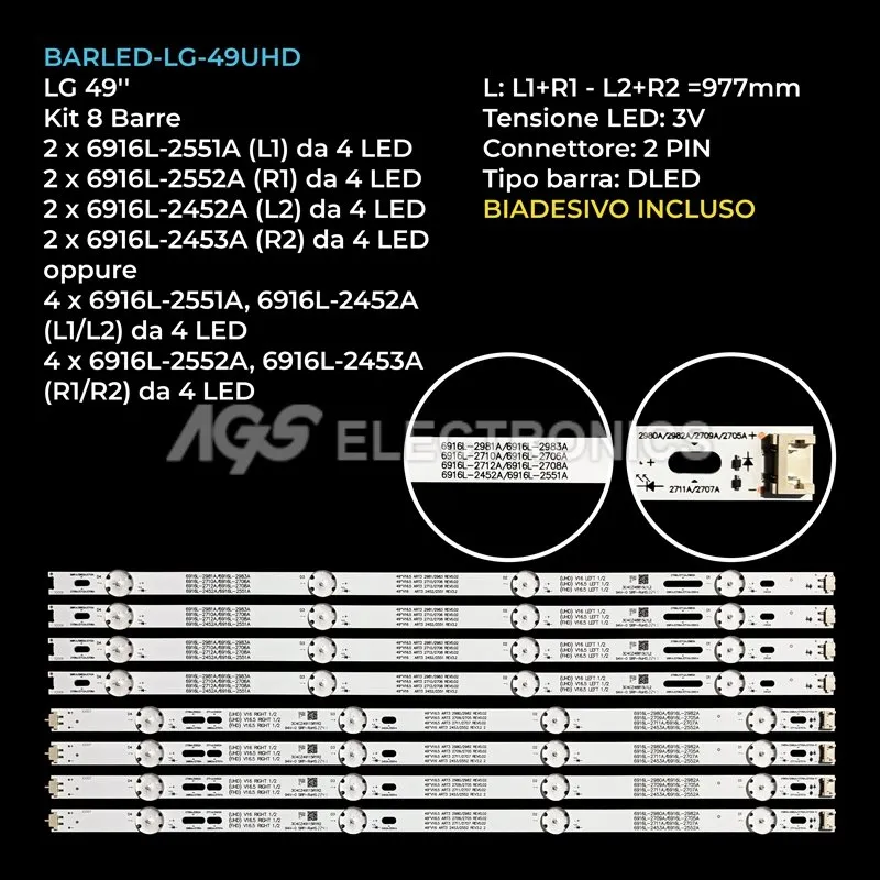 kit 8 barre LED retroilluminazione per LG 49 pollici modello 49UH650TTB