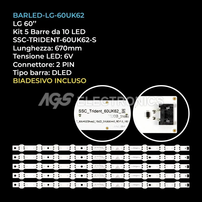 kit 5 barre LED retroilluminazione per LG 60 pollici modello 60UK6300PLB