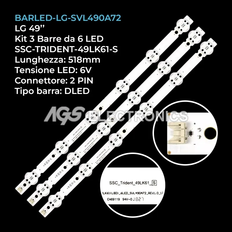 kit 3 barre LED retroilluminazione per LG 49 pollici pannello HC490DUNSLUR2914X