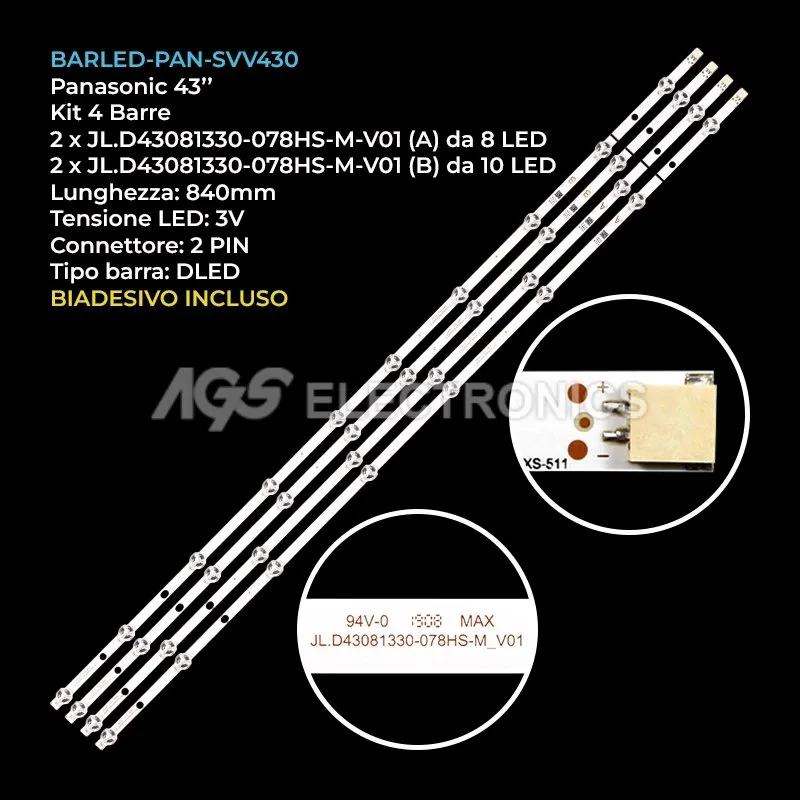 kit 4 barre LED retroilluminazione per Vestel 43 pollici modello 43UD8374
