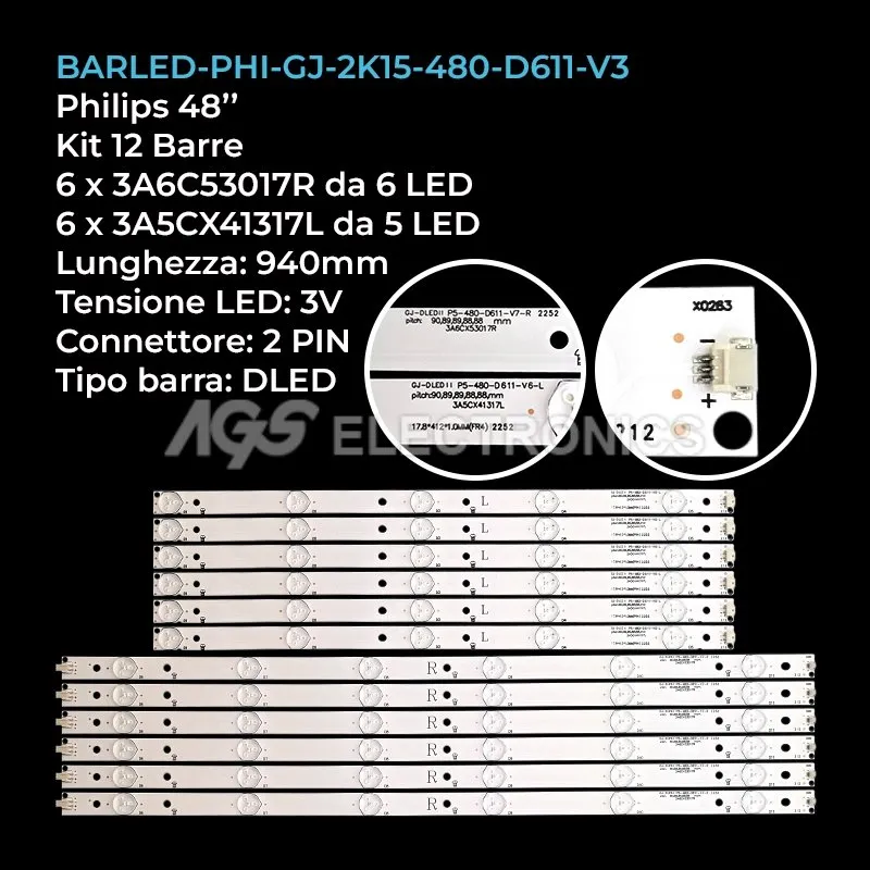 kit 12 barre LED retroilluminazione per Philips 48 pollici modello TPT480LSHN10S