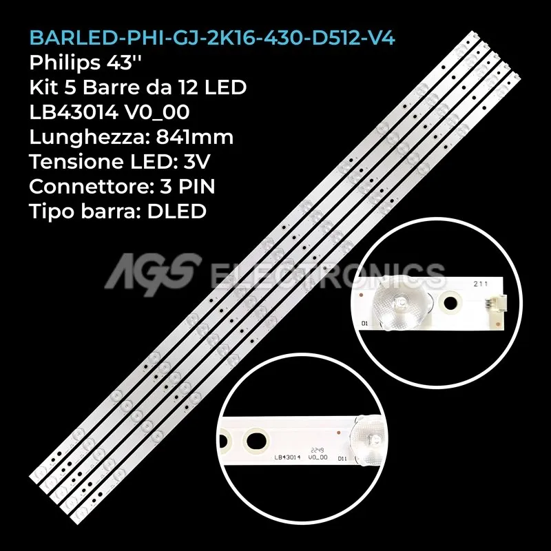 kit 5 barre LED retroilluminazione per Philips 43 pollici modello 43PUT610112