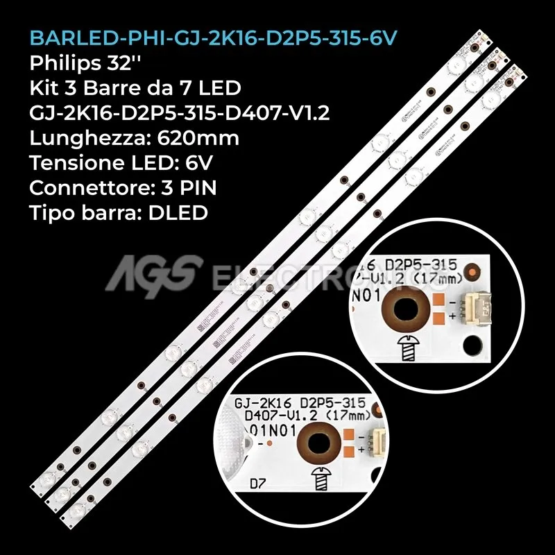 kit 3 barre LED retroilluminazione per Philips 32 pollici modello 32PHS413212