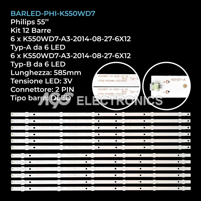 kit 12 barre LED retroilluminazione per Philips 55 pollici modello 55PFF5451T3