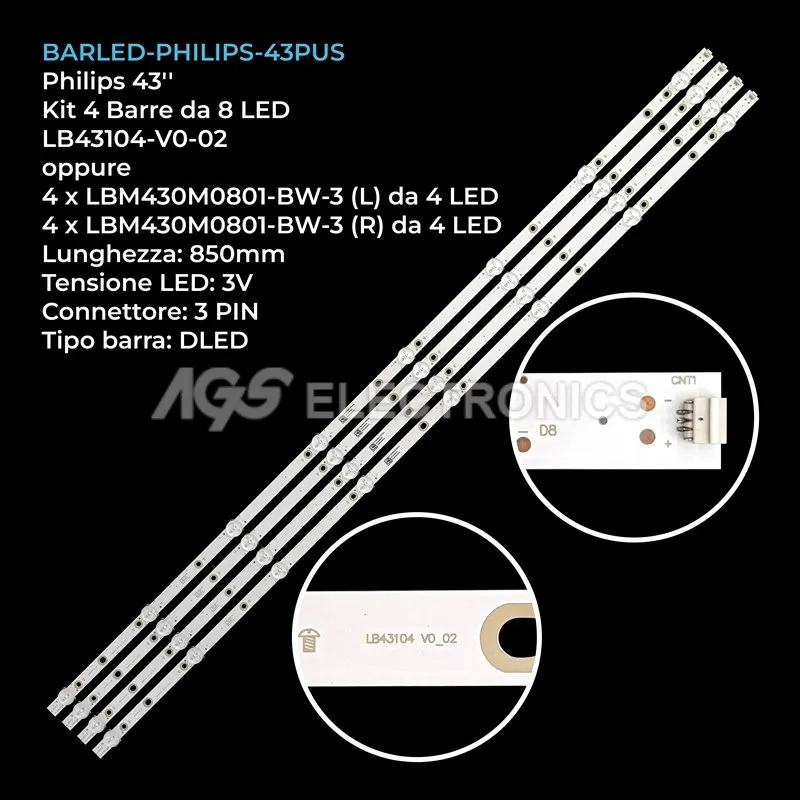 kit 4 barre LED retroilluminazione per Philips 43 pollici modello 43PUS626212