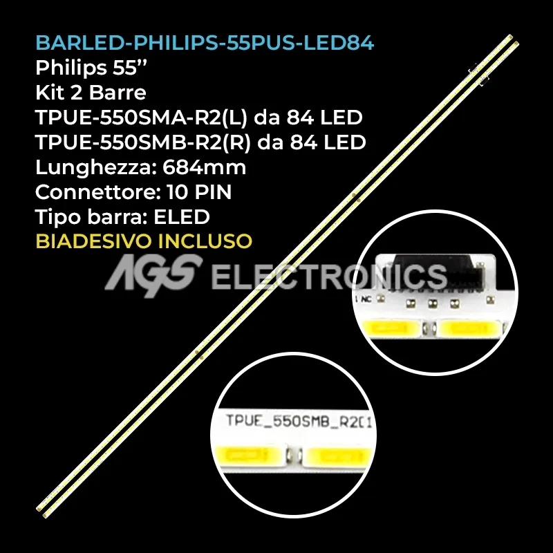 kit 2 barre LED retroilluminazione per Philips 55 pollici modello 55PUS7600