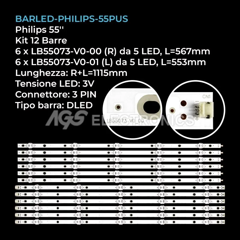 kit 12 barre LED retroilluminazione per Philips 55 pollici modello 55PUT616212