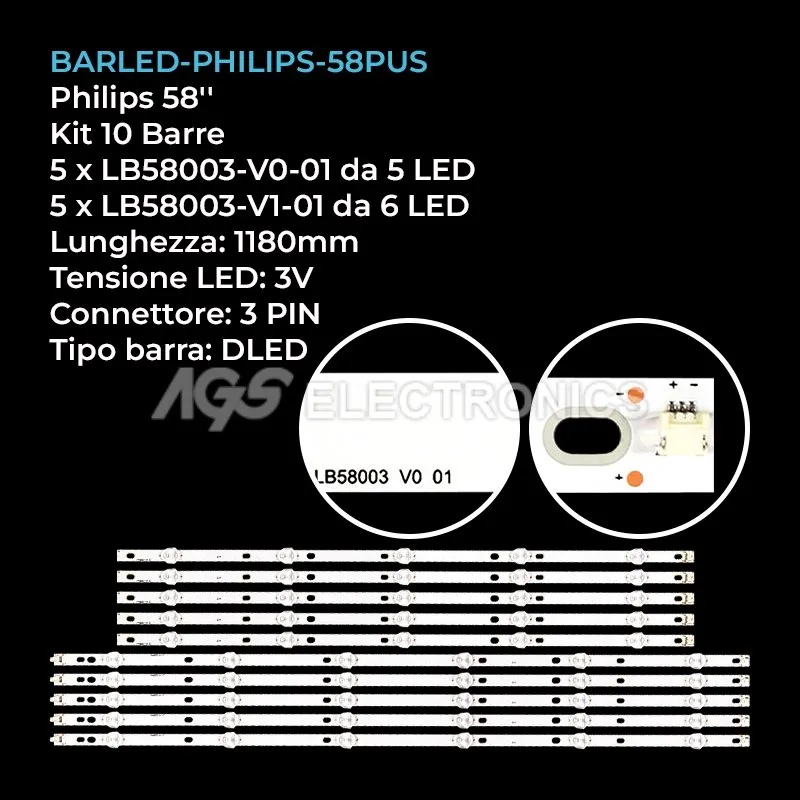 kit 10 barre LED retroilluminazione per Philips 58 pollici modello 58PUS620312