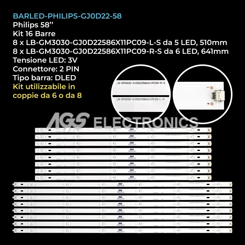 kit 16 barre LED retroilluminazione per Philips 58 pollici modello 58PUS781212