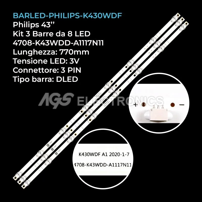 kit 3 barre LED retroilluminazione per Blaupunkt 43 pollici modello BS43U30120EB