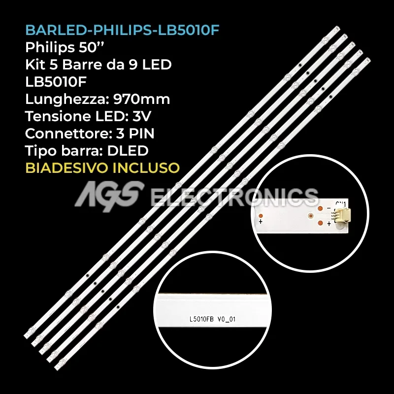 kit 5 barre LED retroilluminazione per Philips 50 pollici modello 50PUS800712