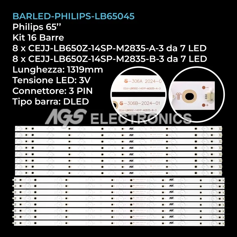 kit 16 barre LED retroilluminazione per Philips 65 pollici modello 65BDL3000Q
