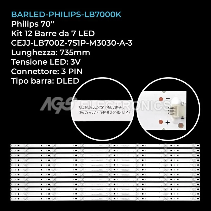 kit 12 barre LED retroilluminazione per Philips 70 pollici modello TPT700U2PV3DQREVS01F
