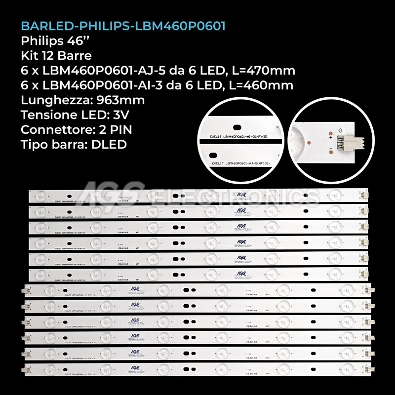 kit 12 barre LED retroilluminazione per Philips 46 pollici modello 46PFL3008D78