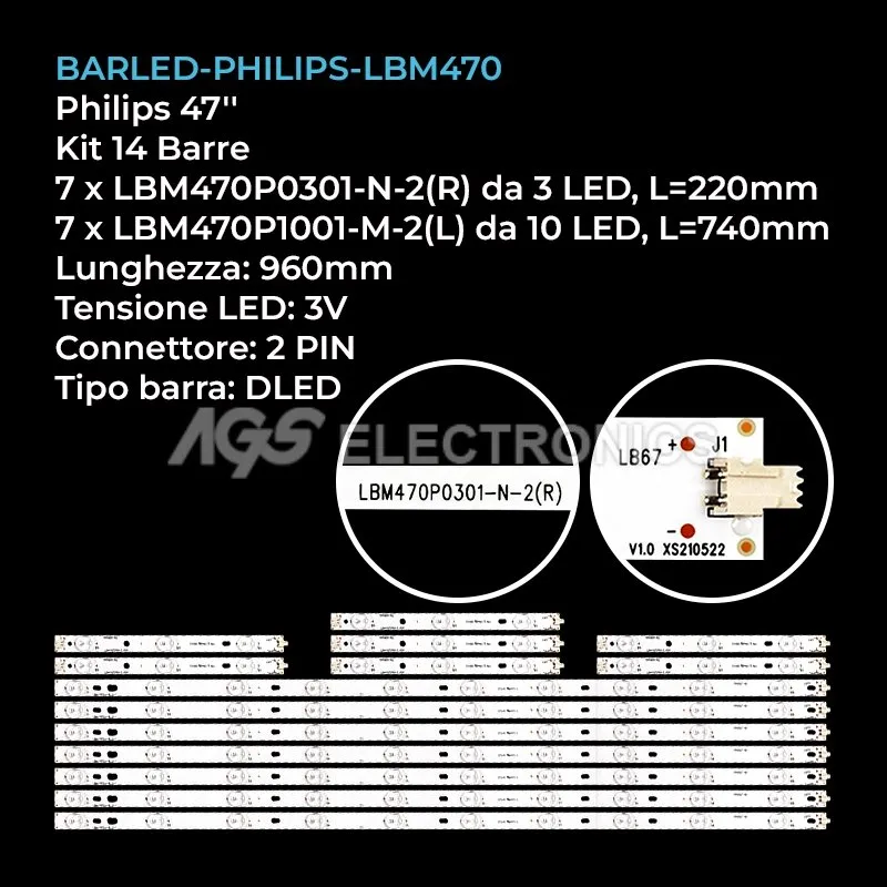 kit 14 barre LED retroilluminazione per Philips 47 pollici modello TPT470H1DUJSGK