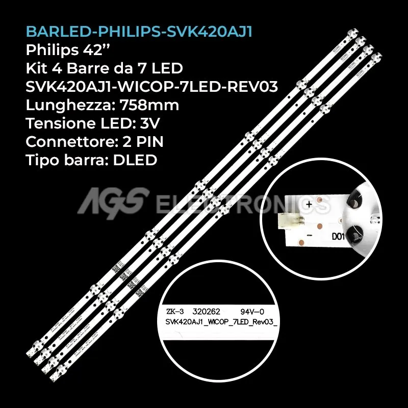 kit 4 barre LED retroilluminazione per Philips 42 pollici modello 42PFS401212