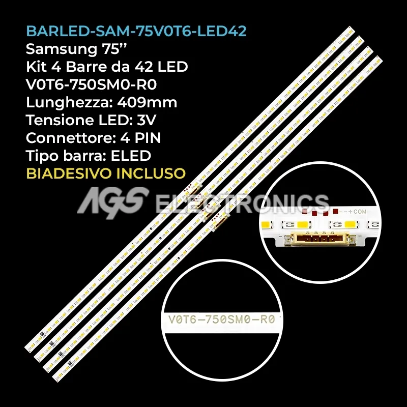kit 4 barre LED retroilluminazione per Samsung 75 pollici pannello CYRT075FGLV3H