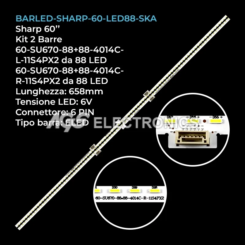 kit 2 barre LED retroilluminazione per Sharp 60 pollici modello LCD60SU570A