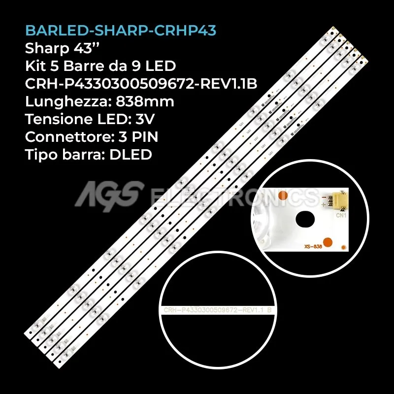 kit 5 barre LED retroilluminazione per Sharp 43 pollici modello LC43CUG8461KS