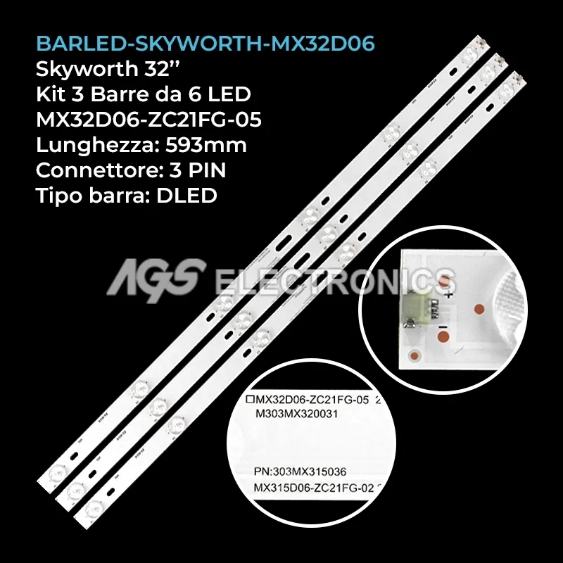 kit 3 barre LED retroilluminazione per Skyworth 32 pollici modello MX315M09