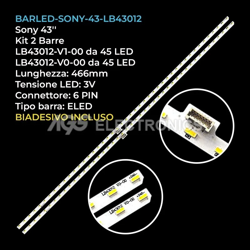 kit 2 barre LED retroilluminazione per Sony 43 pollici modello T430HVF031