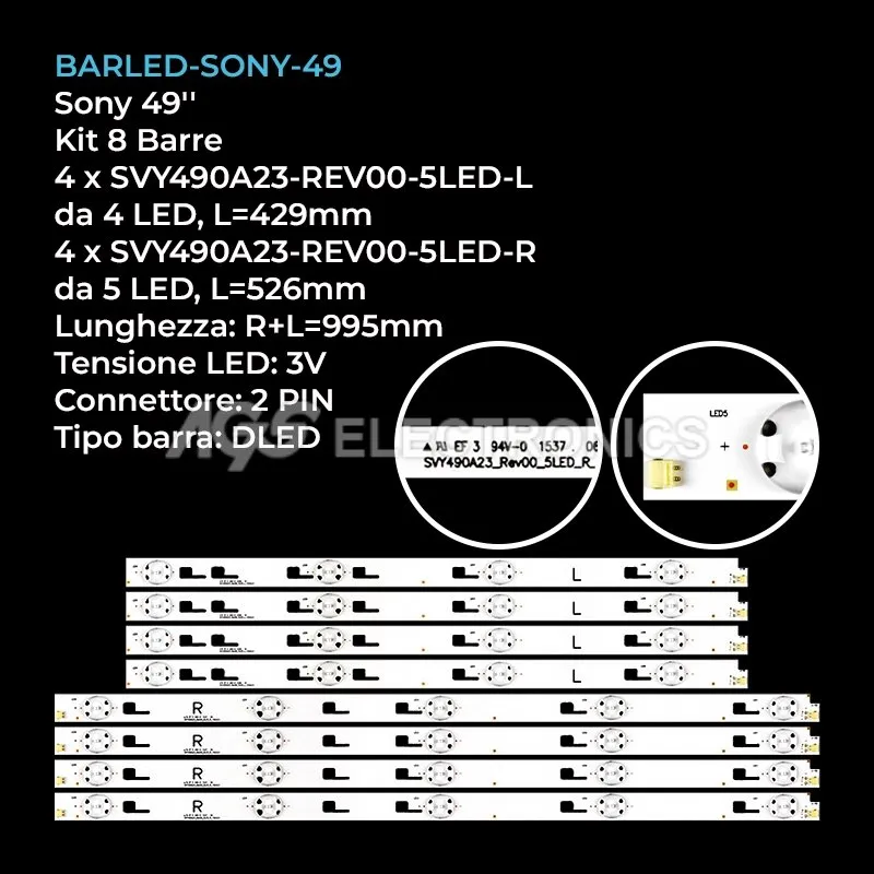 kit 8 barre LED retroilluminazione per Sony 49 pollici modello KD49XD7066
