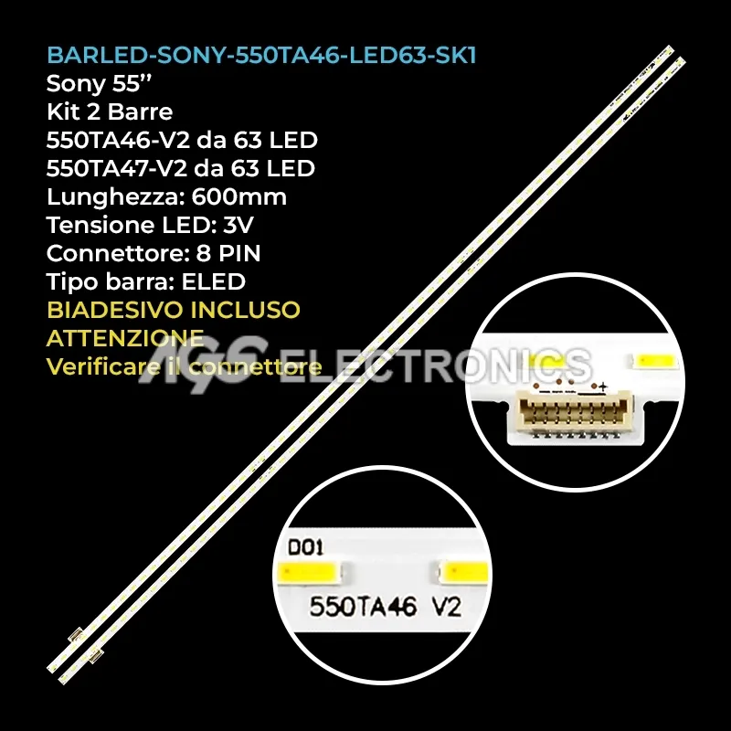 kit 2 barre LED retroilluminazione per Sony 55 pollici modello KDL55W800B