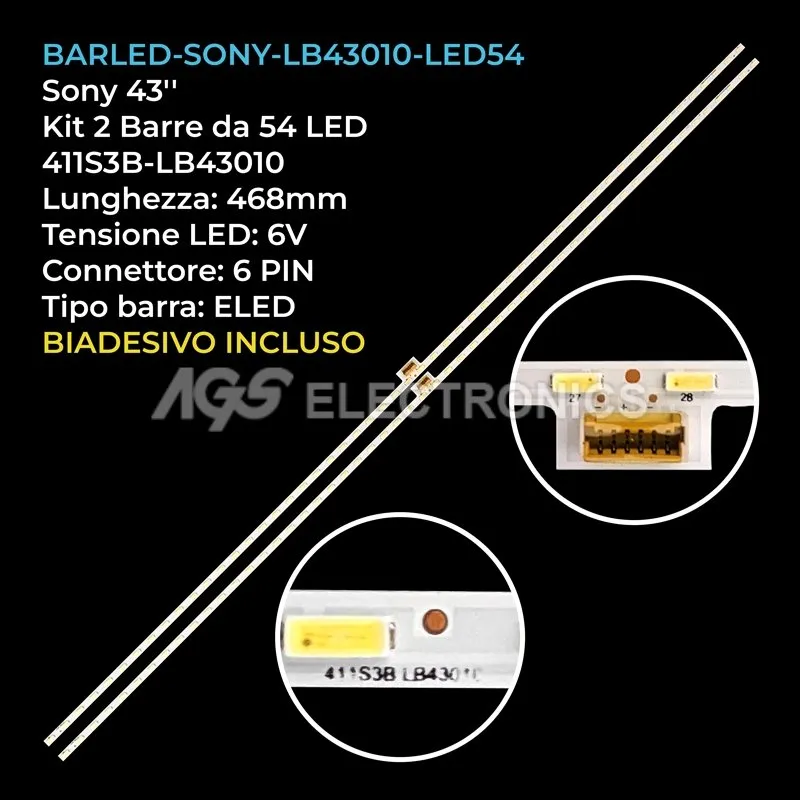 kit 2 barre LED retroilluminazione per Sony 43 pollici modello KD43XD8305