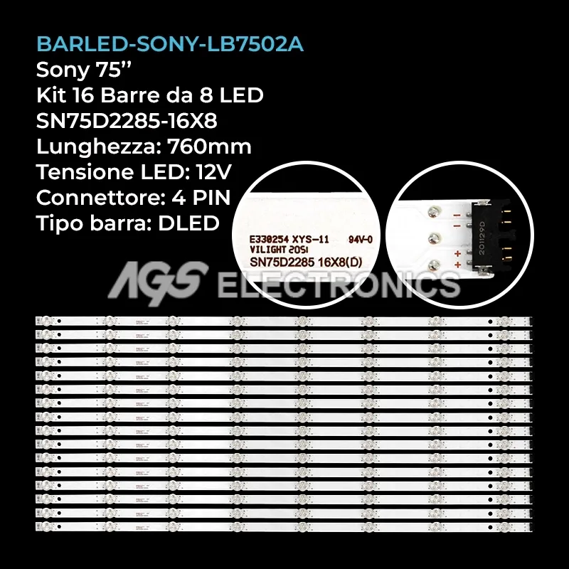 kit 16 barre LED retroilluminazione per Sony 75 pollici modello KE75XH9096