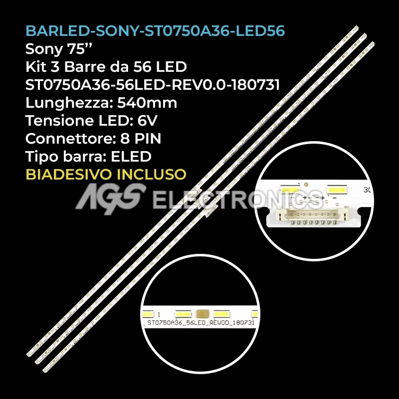 kit 3 barre LED retroilluminazione per Sony 75 pollici modello XBR75X850F