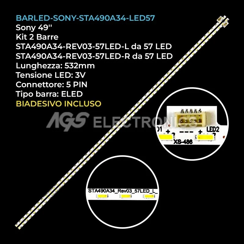 kit 2 barre LED retroilluminazione per Sony 49 pollici modello KDL49WD751
