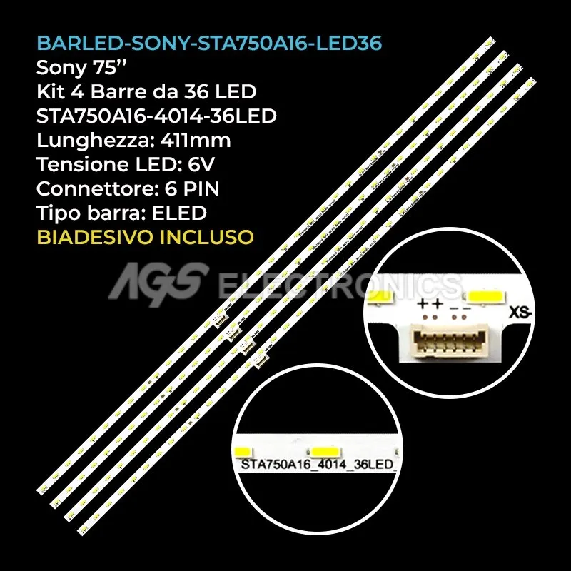 kit 4 barre LED retroilluminazione per Sony 75 pollici modello KD75XE8796