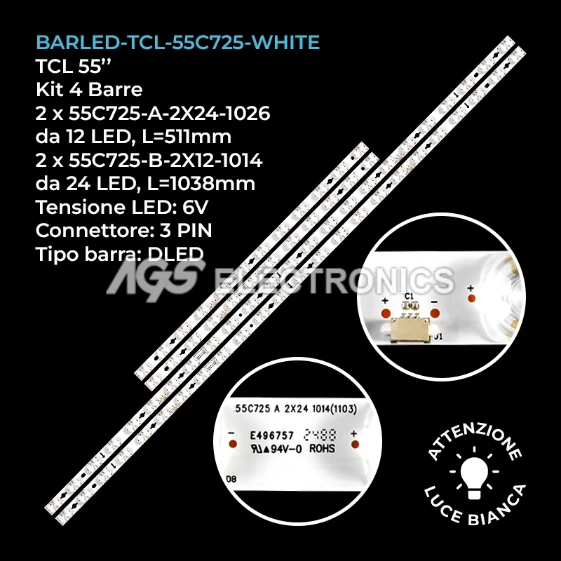 kit 4 barre LED retroilluminazione per TCL 55 pollici modello 55C728