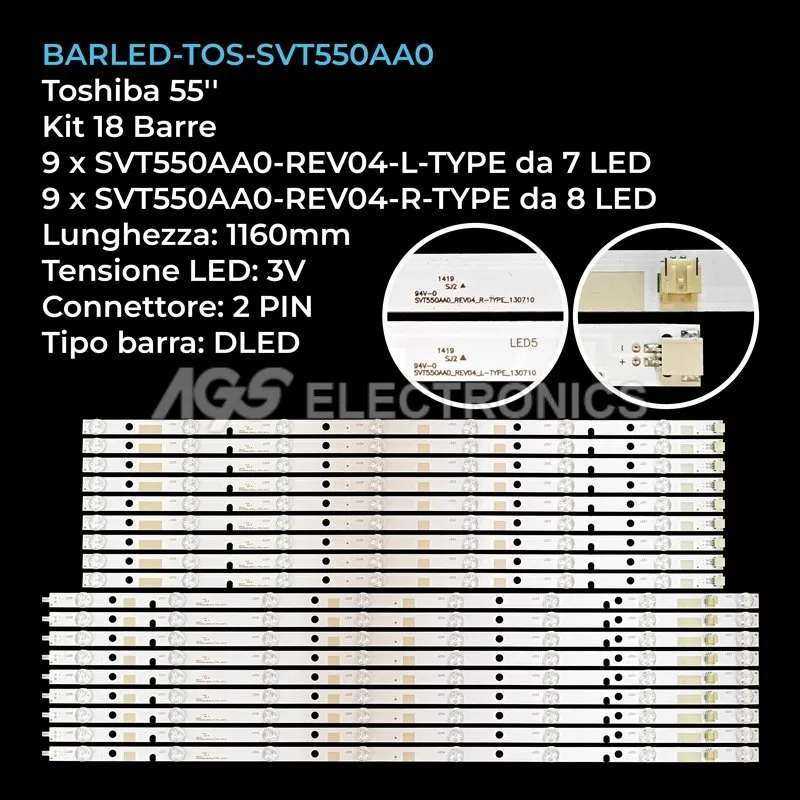 kit 18 barre LED retroilluminazione per Toshiba 55 pollici modello 55L7453D
